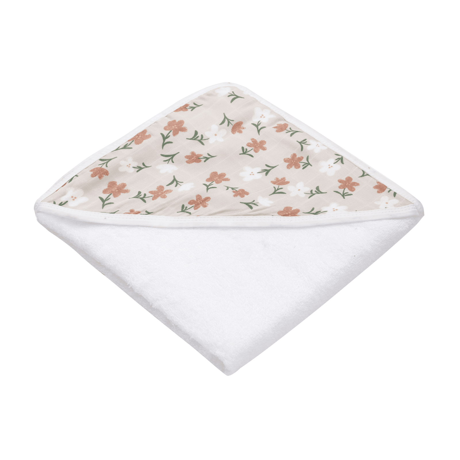 A white hooded towel with a floral pattern on it